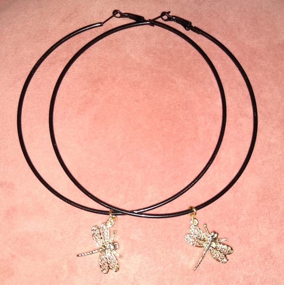 KATTA Huge 5" Dragonfly Black Hoops Oversized Hoop Earrings Charms Dragonflies - Picture 4 of 10